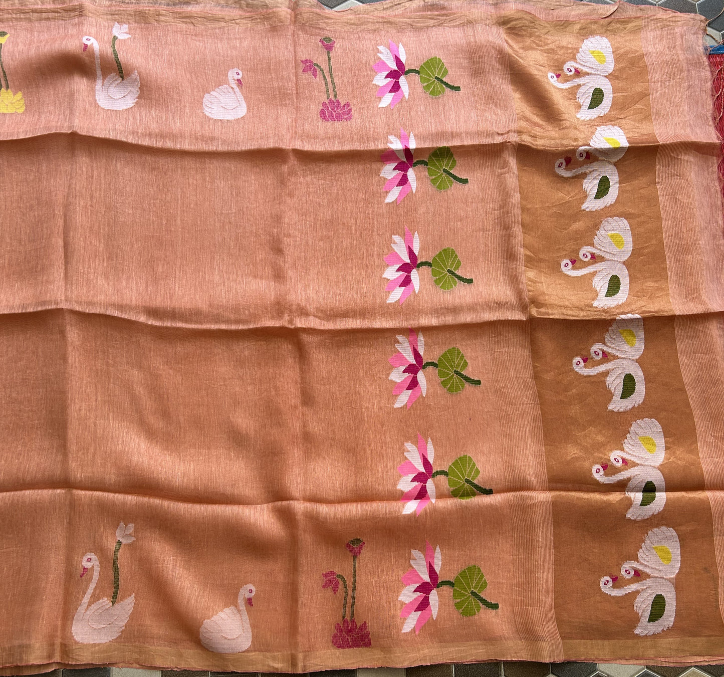 Peach Pure Tissue Linen Jamdani Saree with Gold Zari Border | Pure Handloom