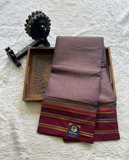 Narayanpet Cotton Saree Dark Lavender Colored Complemented with a Pink Gap Border. - Sampradaya Designer Studio