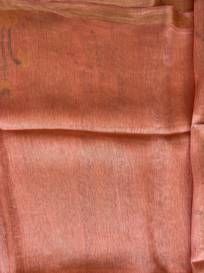 Peach Pure Tissue Linen Jamdani Saree with Gold Zari Border | Pure Handloom