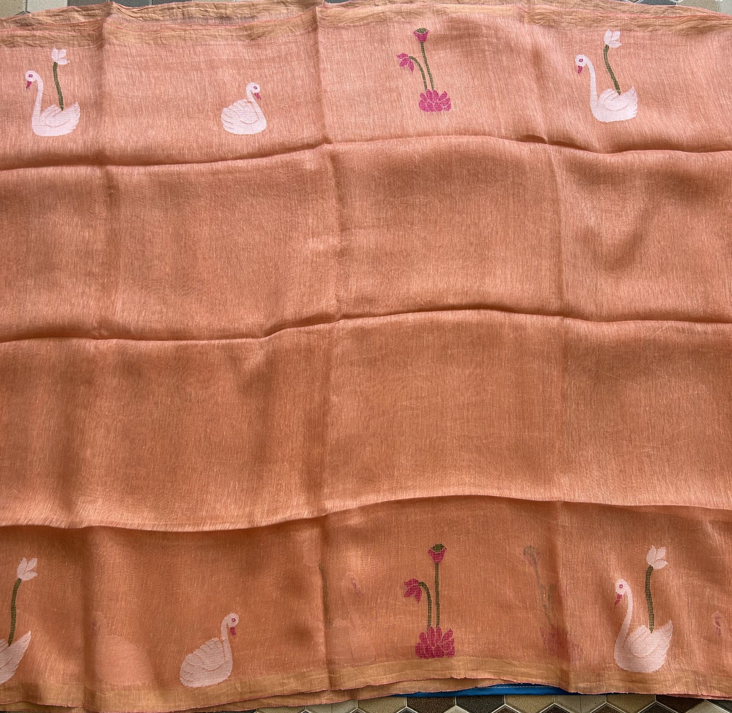 Peach Pure Tissue Linen Jamdani Saree with Gold Zari Border | Pure Handloom