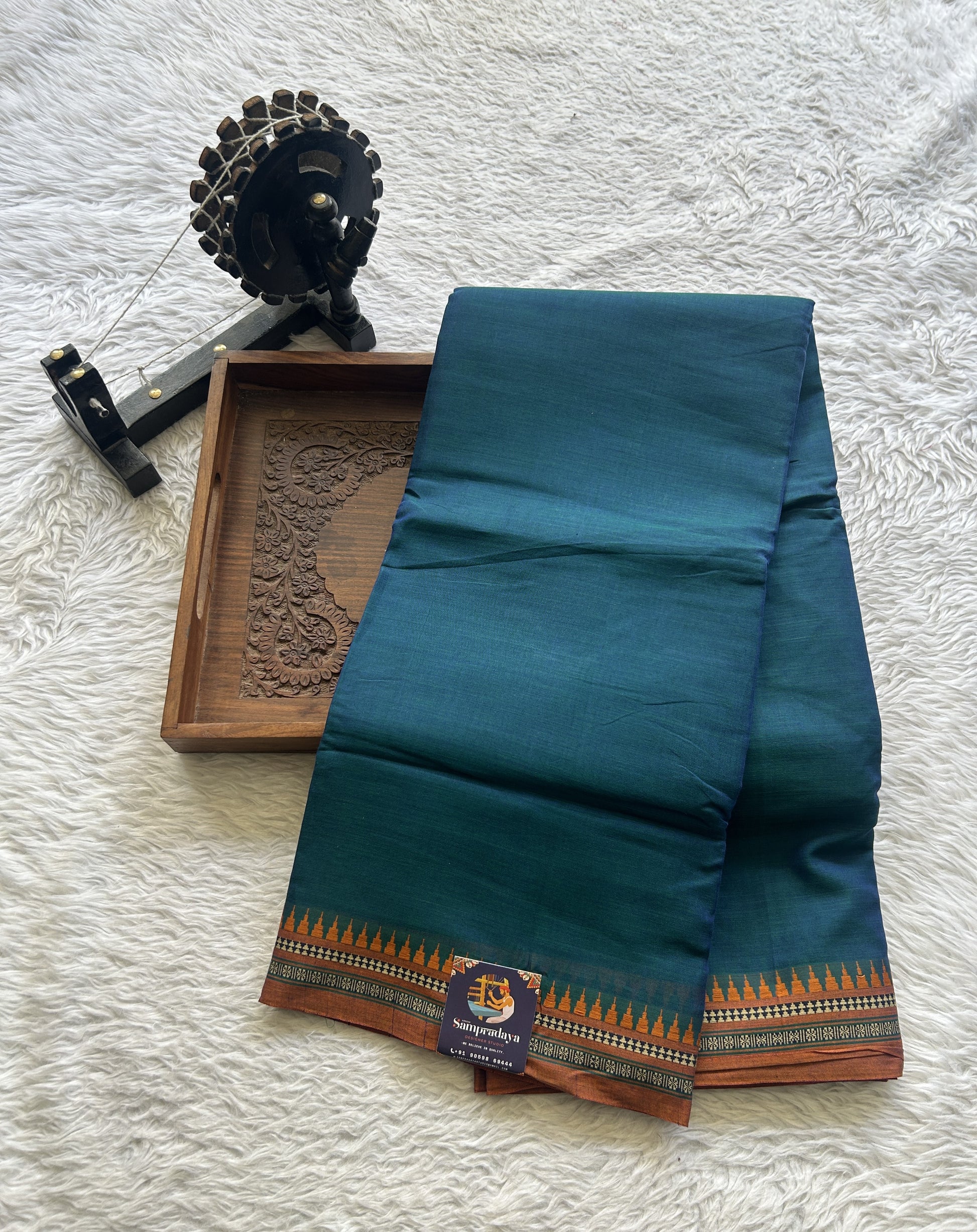 Narayanpet Cotton Saree Peacock Blue Colored Complemented with a Orange Thread Border. - Sampradaya Designer Studio