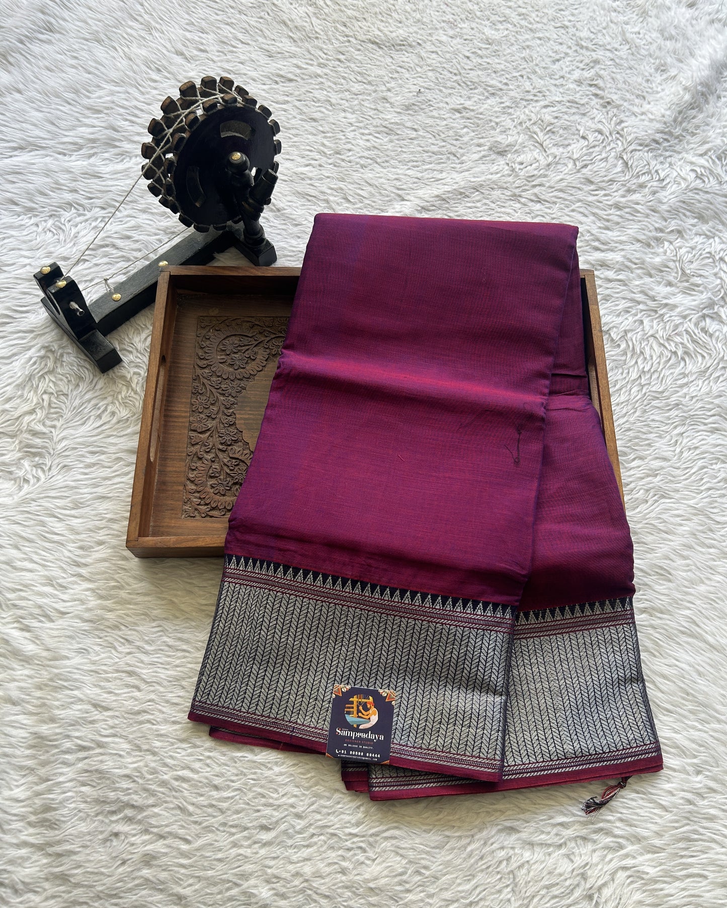 Narayanpet Cotton Saree Dark Purple Colored Complemented with a Navy Blue Thread Border. - Sampradaya Designer Studio