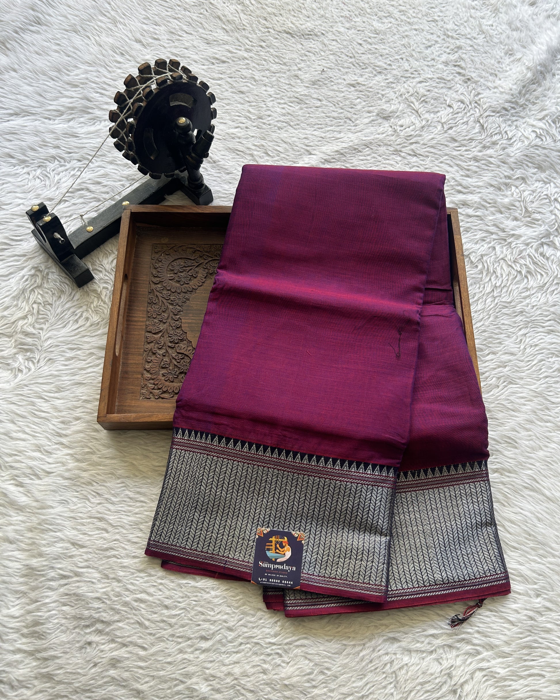 Narayanpet Cotton Saree Dark Purple Colored Complemented with a Navy Blue Thread Border. - Sampradaya Designer Studio