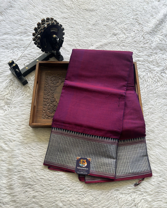 Narayanpet Cotton Saree Dark Purple Colored Complemented with a Navy Blue Thread Border. - Sampradaya Designer Studio