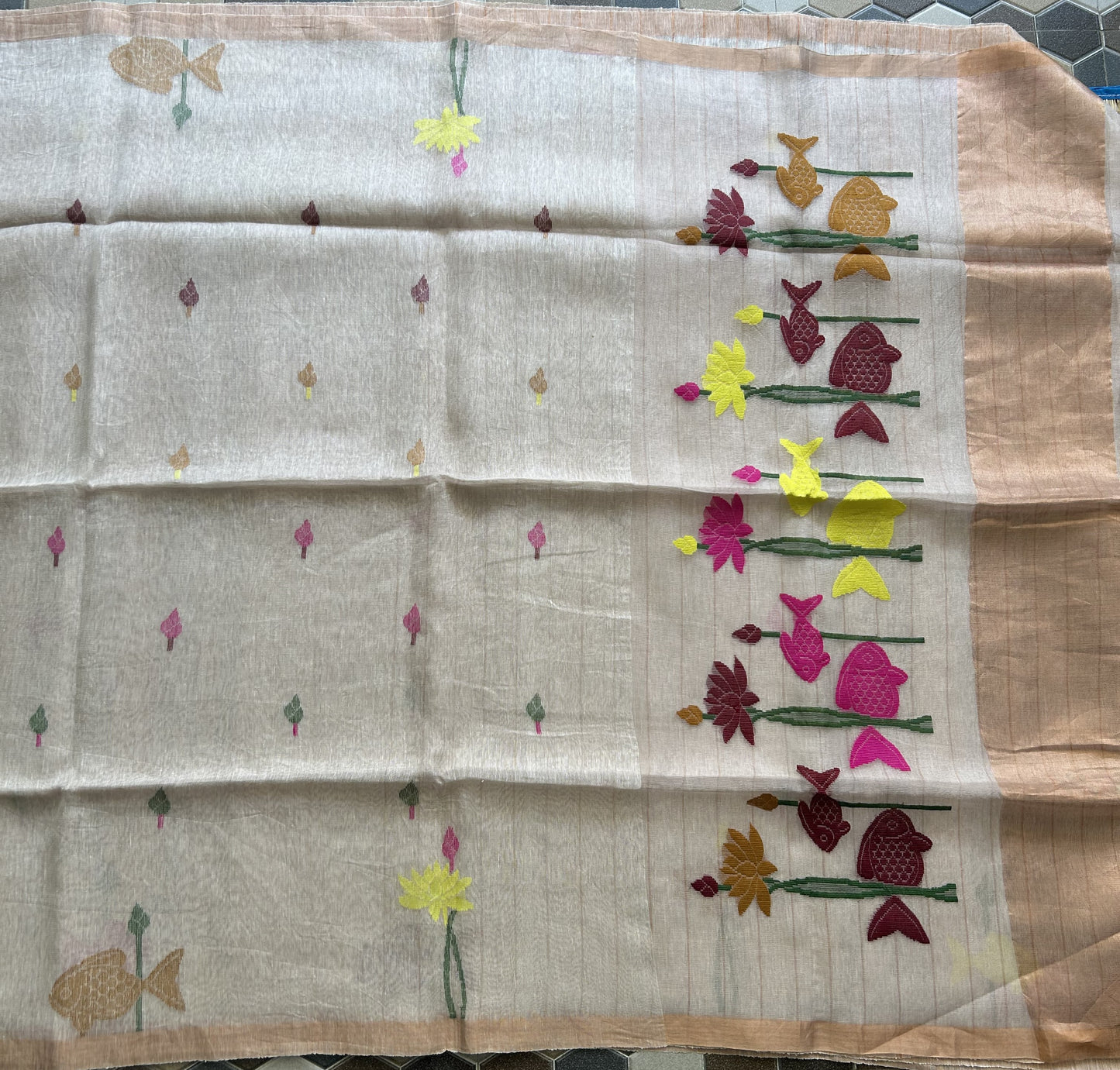 Off White Pure Tissue Linen Jamdani Saree with Gold Zari Border | Pure Handloom