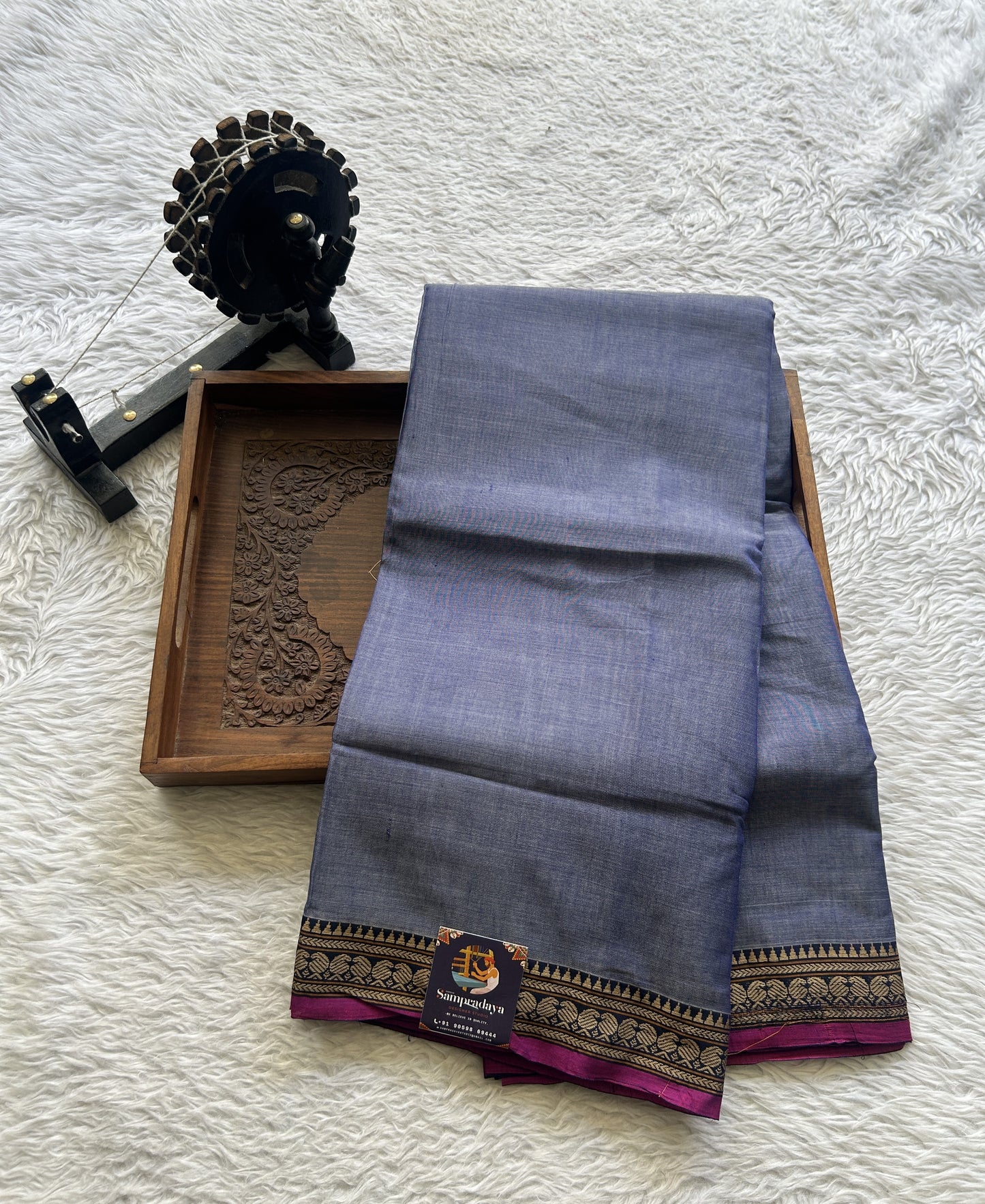 Narayanpet Cotton Saree Ink Blue Colored Complemented with a Navy Blue Thread Border. - Sampradaya Designer Studio