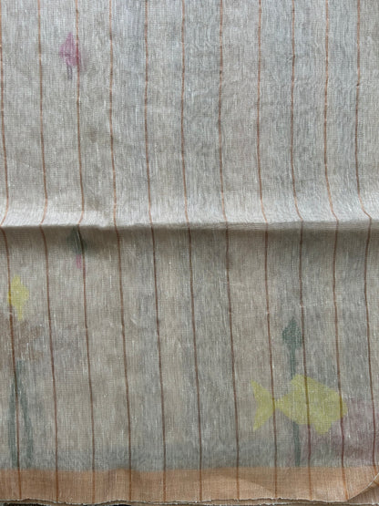 Off White Pure Tissue Linen Jamdani Saree with Gold Zari Border | Pure Handloom