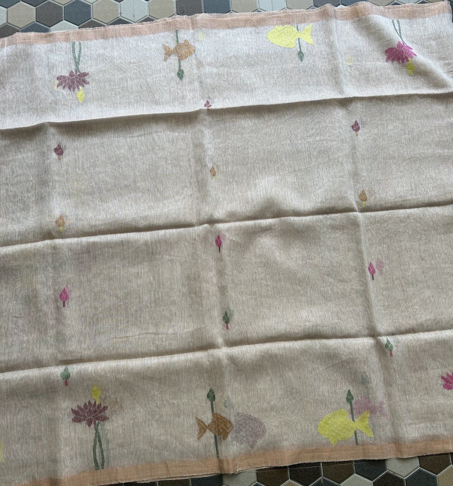 Off White Pure Tissue Linen Jamdani Saree with Gold Zari Border | Pure Handloom