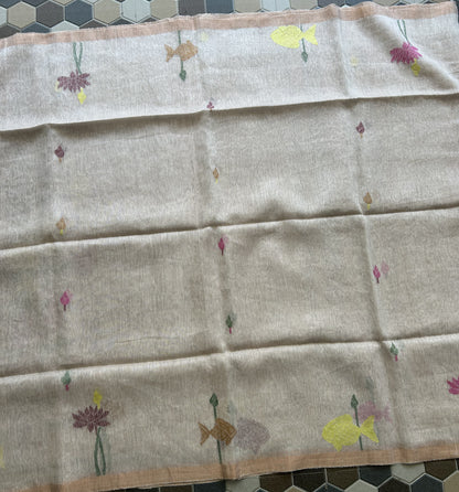 Off White Pure Tissue Linen Jamdani Saree with Gold Zari Border | Pure Handloom