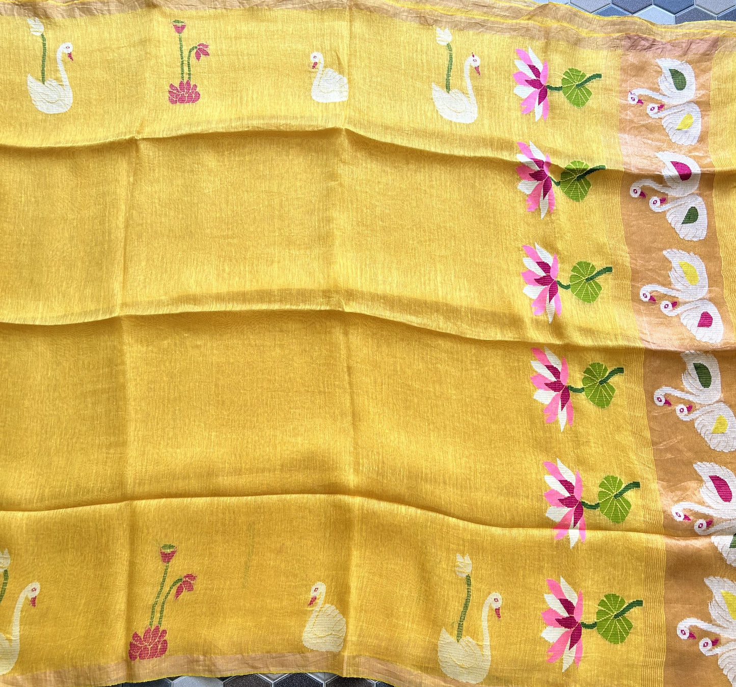 Yellow Pure Tissue Linen Jamdani Saree with Gold Zari Border | Pure Handloom