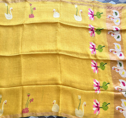 Yellow Pure Tissue Linen Jamdani Saree with Gold Zari Border | Pure Handloom