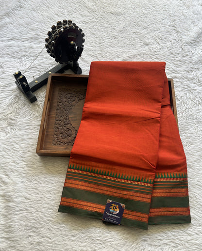 Narayanpet Cotton Saree Dark Orange Colored Complemented with a Thread Border. - Sampradaya Designer Studio