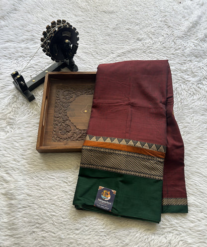 Narayanpet Cotton Saree Dark Maroon Colored Complemented with a Double Border. - Sampradaya Designer Studio