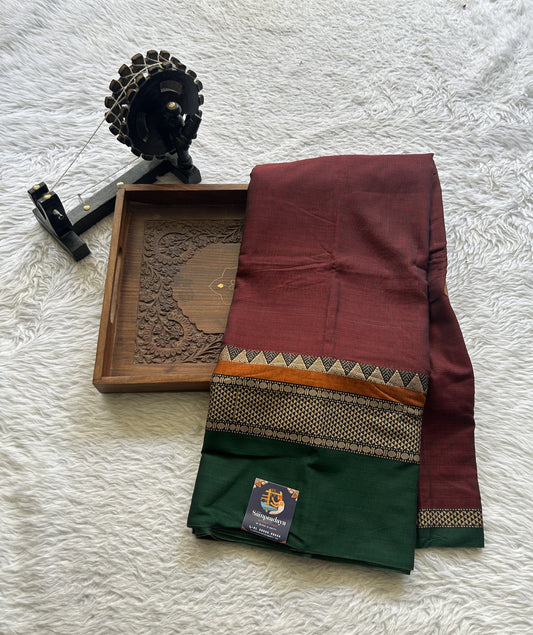 Narayanpet Cotton Saree Dark Maroon Colored Complemented with a Double Border. - Sampradaya Designer Studio
