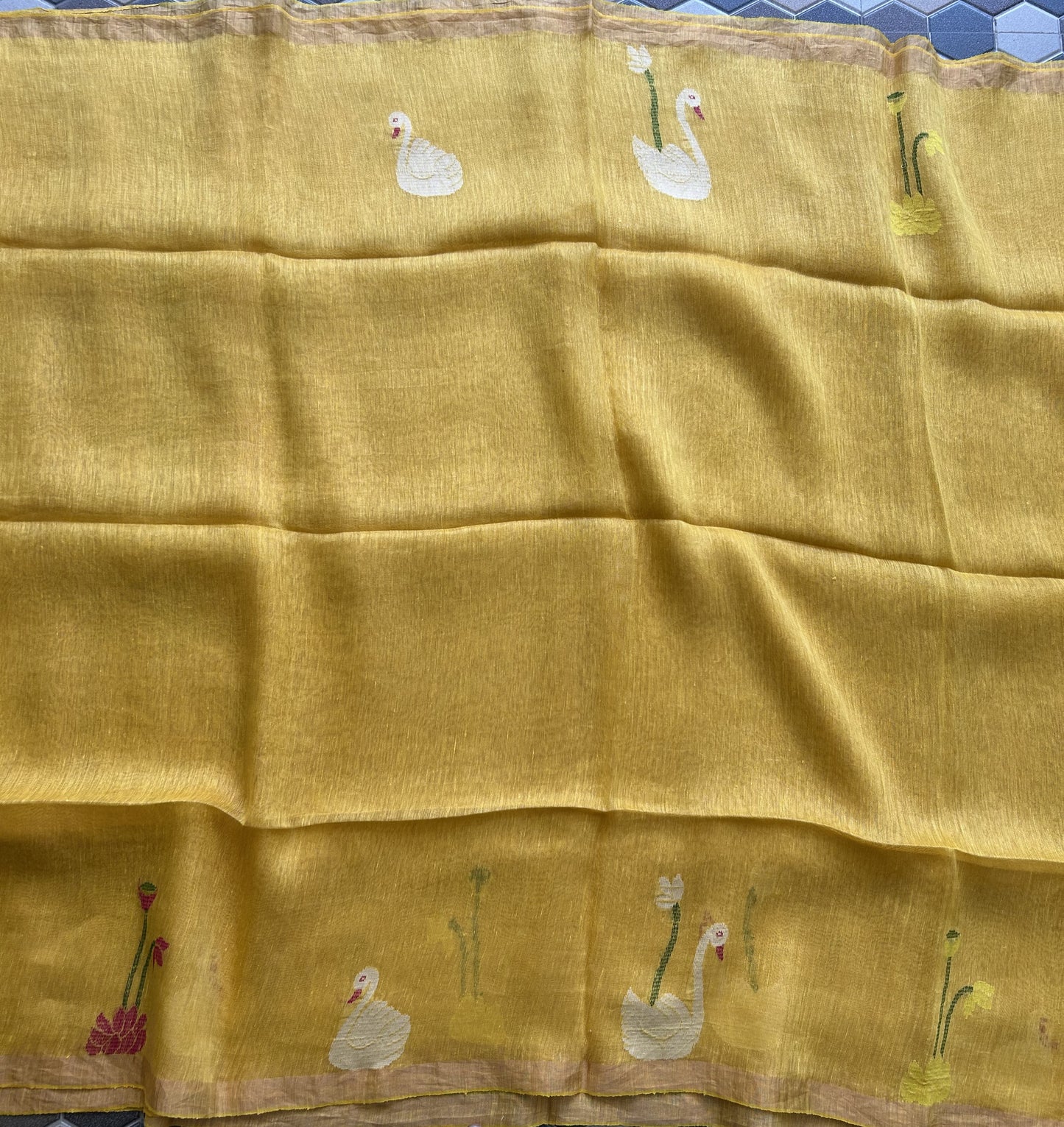 Yellow Pure Tissue Linen Jamdani Saree with Gold Zari Border | Pure Handloom