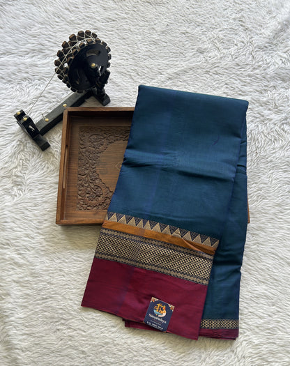 Narayanpet Cotton Saree Peacock Blue Colored Complemented with a Double Border. - Sampradaya Designer Studio