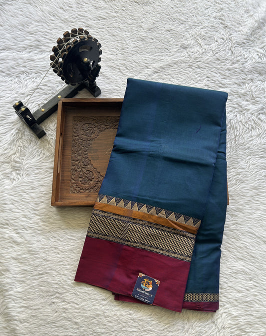 Narayanpet Cotton Saree Peacock Blue Colored Complemented with a Double Border. - Sampradaya Designer Studio