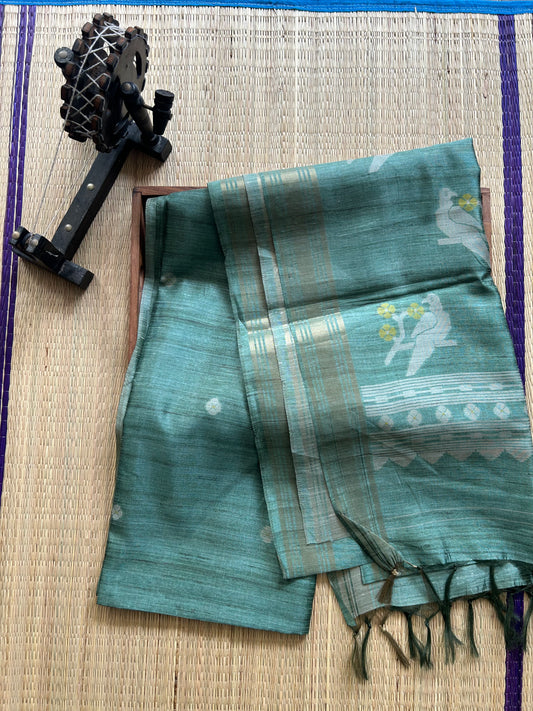 Semi Tussar Silk Saree -Green color with Gold Zari Border - Elegant Fancy Saree for Party & Office Wear.