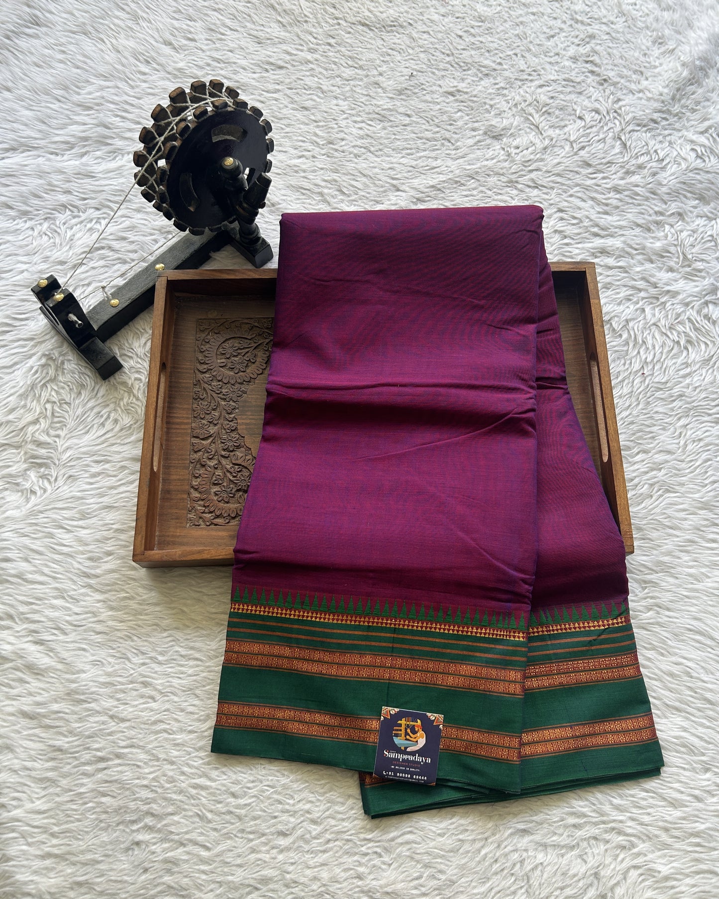 Narayanpet Cotton Saree Dark Purple Colored Complemented with a Zari Gap Border. - Sampradaya Designer Studio