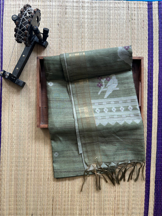 Semi Tussar Silk Saree -Olive color with Gold Zari Border - Elegant Fancy Saree for Party & Office Wear.