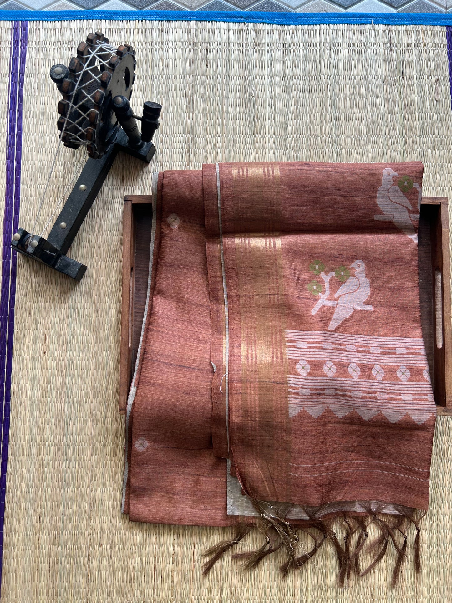 Semi Tussar Silk Saree -Brown color with Gold Zari Border - Elegant Fancy Saree for Party & Office Wear.