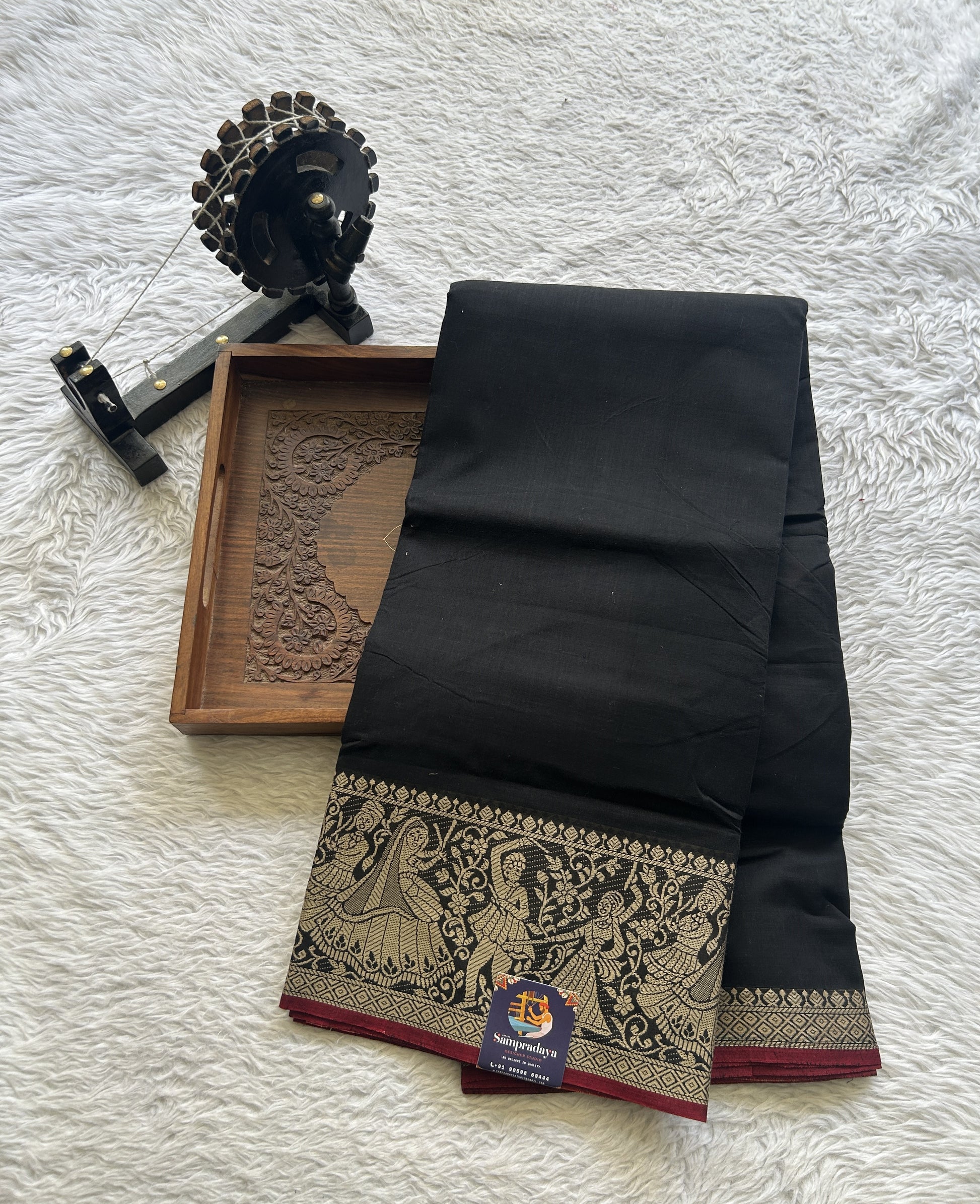 Narayanpet Cotton Saree Black Colored Complemented with a Cream Thread Border. - Sampradaya Designer Studio