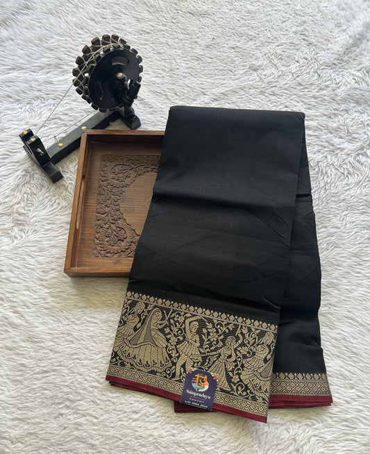 Narayanpet Cotton Saree Black Colored Complemented with a Cream Thread Border. - Sampradaya Designer Studio