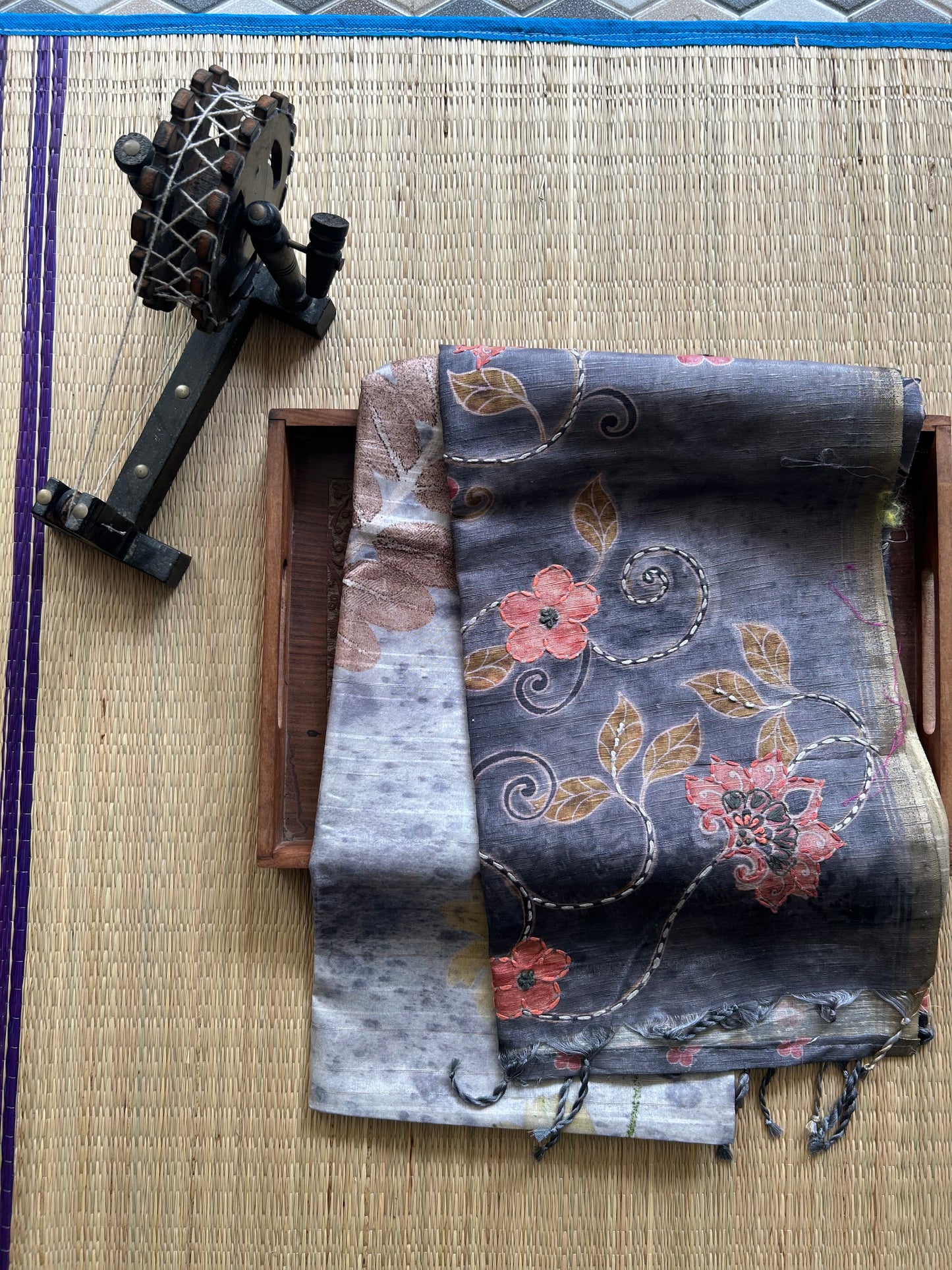 Semi Tussar Silk Saree - Gray color with Gold Zari Border - Elegant Fancy Saree for Party & Office Wear.