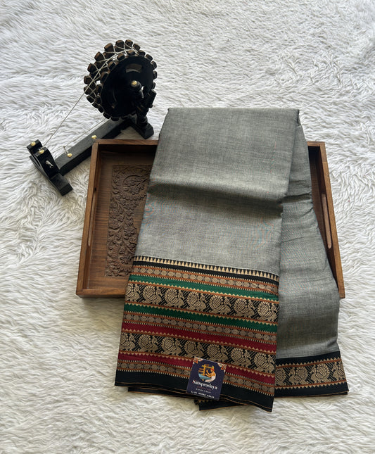 Narayanpet Cotton Saree Ash Colored Complemented with a Thread Border. - Sampradaya Designer Studio