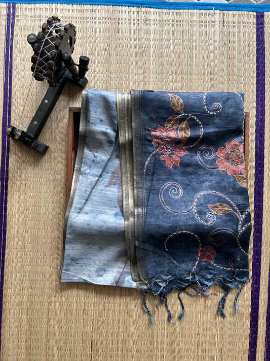 Semi Tussar Silk Saree - Bluish Gray color with Gold Zari Border - Elegant Fancy Saree for Party & Office Wear.