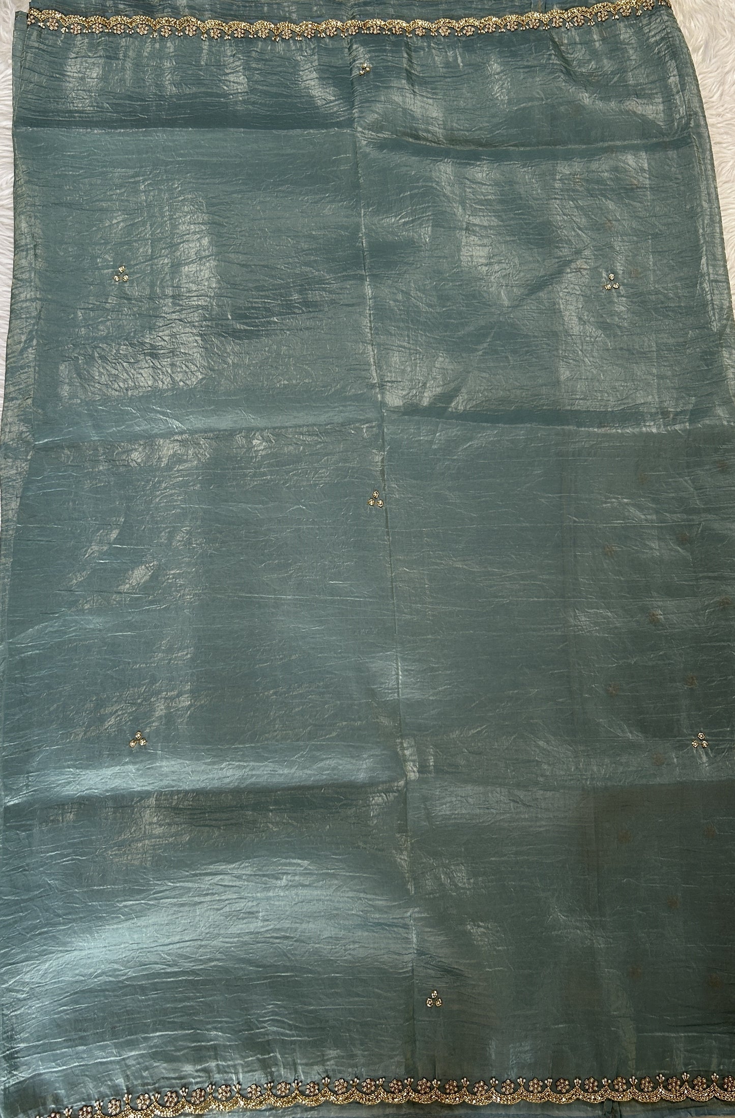 Inox Silk Saree Sea Blue Colored Complemented with a Hand Embroidery Border. - Sampradaya Designer Studio