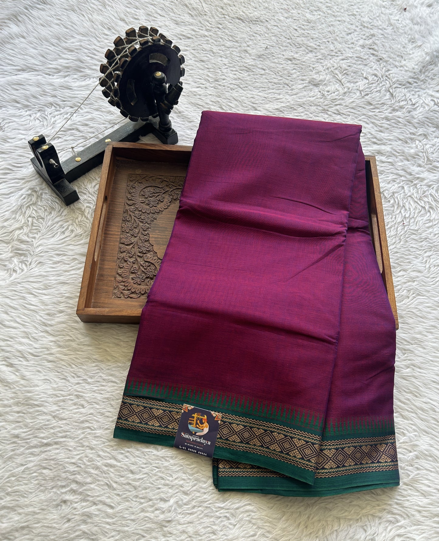 Narayanpet Cotton Saree Dark Magenta Colored Complemented with a Thread Border. - Sampradaya Designer Studio