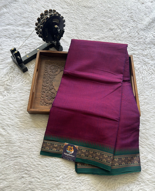 Narayanpet Cotton Saree Dark Magenta Colored Complemented with a Thread Border. - Sampradaya Designer Studio