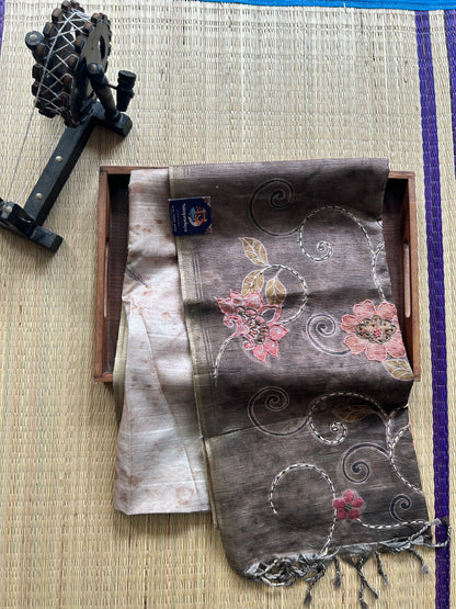 Semi Tussar Silk Saree - Loden Green color with Gold Zari Border - Elegant Fancy Saree for Party & Office Wear.