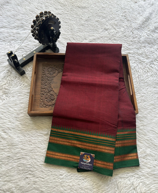 Narayanpet Cotton Saree Dark Maroon Colored Complemented with a Green Zari Gap Border. - Sampradaya Designer Studio