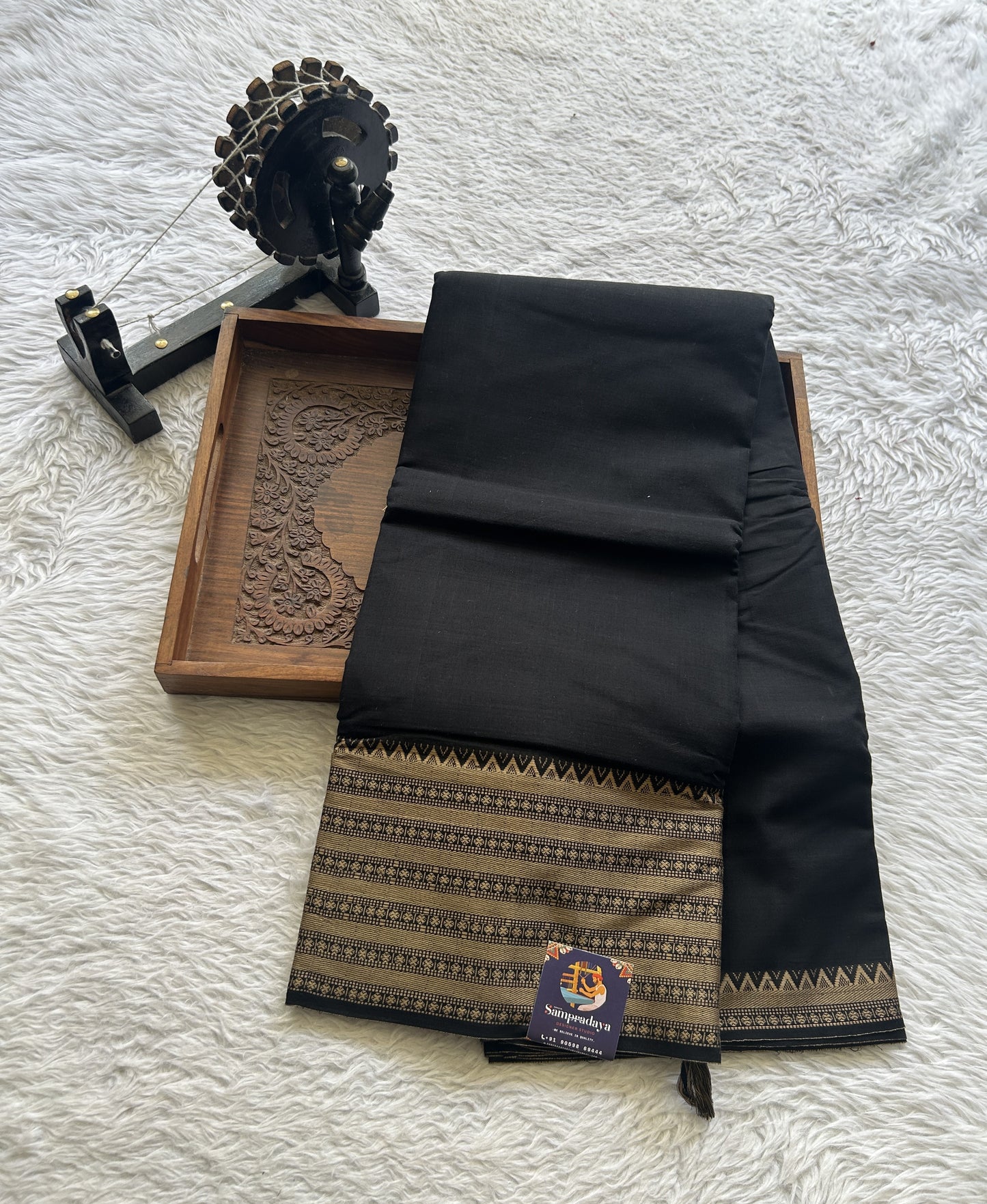Narayanpet Cotton Saree Black Colored Complemented with a Gap Border. - Sampradaya Designer Studio