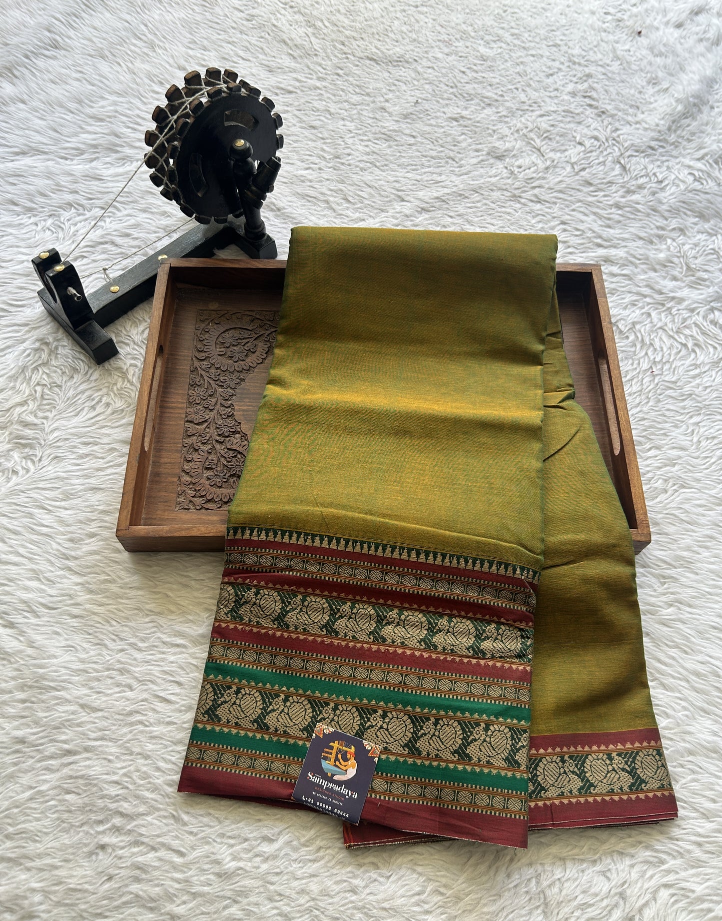 Narayanpet Cotton Saree Olive Green Colored Complemented with a Thread Border. - Sampradaya Designer Studio