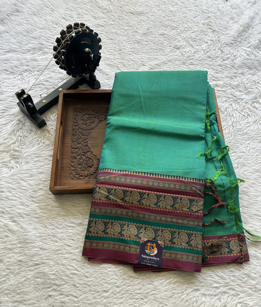 Narayanpet Cotton Saree Rama Green Colored Complemented with a Thread Border. - Sampradaya Designer Studio