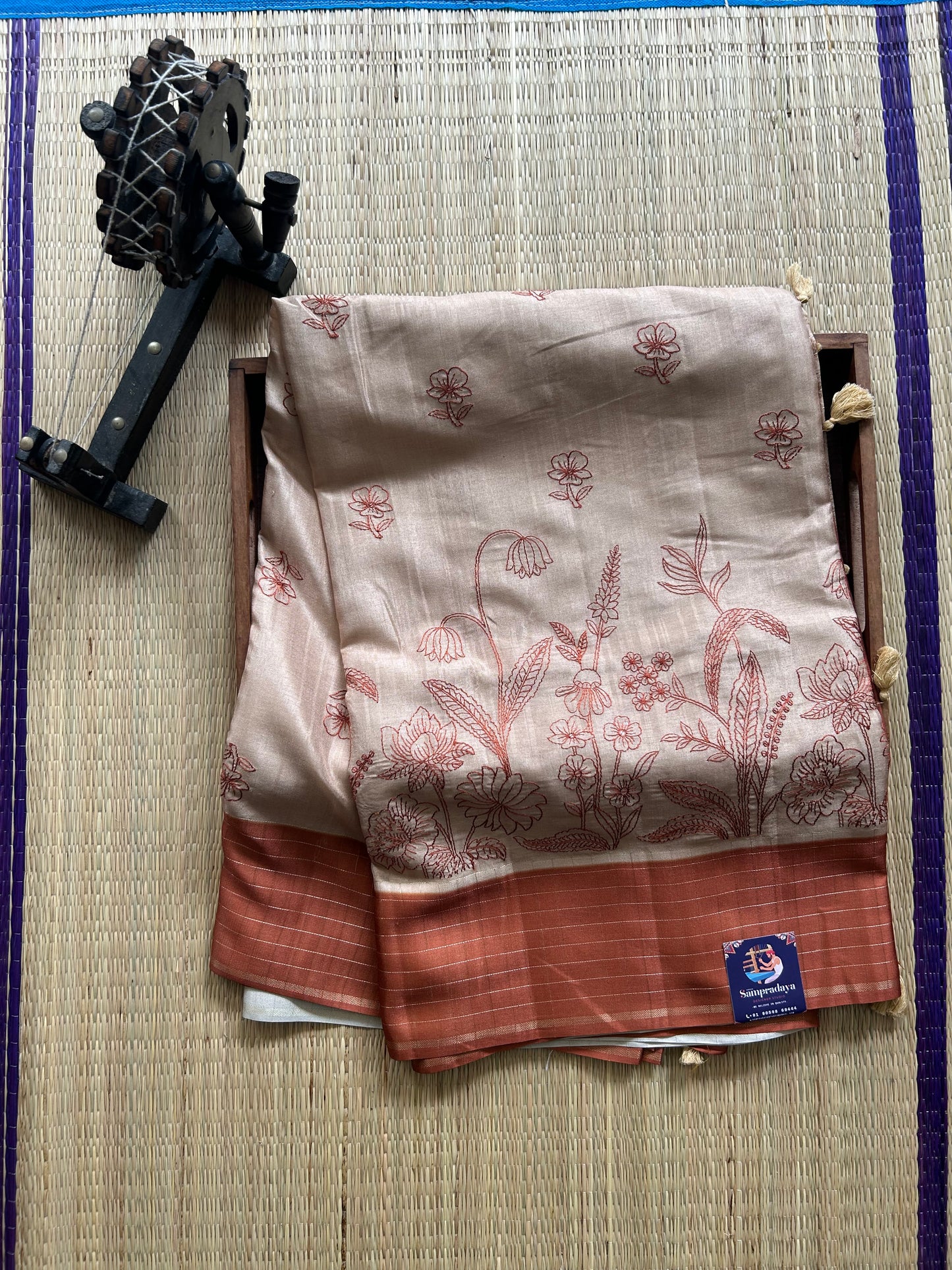 Semi Tussar Silk Saree - Beige color with Gold Zari Border - Elegant Fancy Saree for Party & Office Wear.