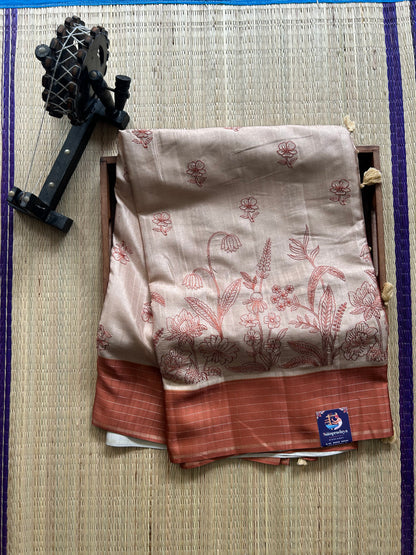 Semi Tussar Silk Saree - Beige color with Gold Zari Border - Elegant Fancy Saree for Party & Office Wear.
