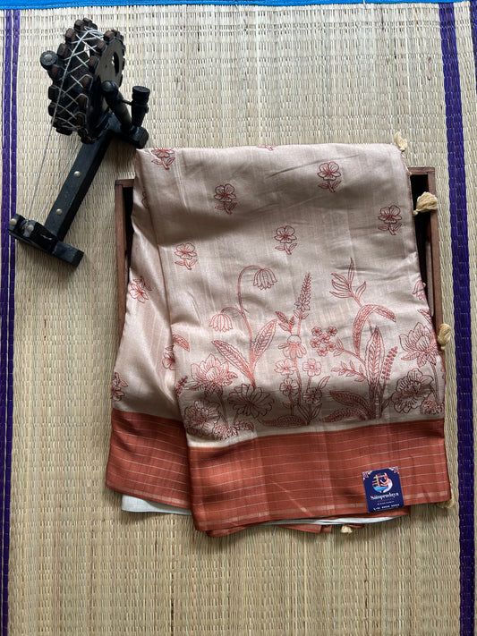 Semi Tussar Silk Saree - Beige color with Gold Zari Border - Elegant Fancy Saree for Party & Office Wear.