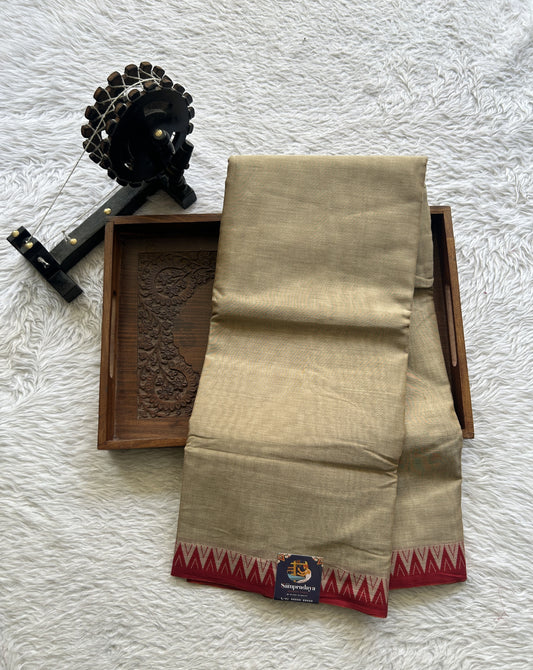 Narayanpet Cotton Saree Beige Colored Complemented with a Thread Border. - Sampradaya Designer Studio