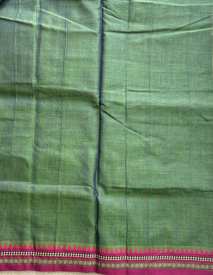 Narayanpet Cotton Saree Leaf Green Colored Complemented with a Thread Border. - Sampradaya Designer Studio