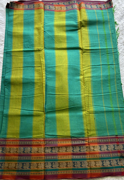 Narayanpet Cotton Saree Rama Green Colored Complemented with a Thread Border. - Sampradaya Designer Studio