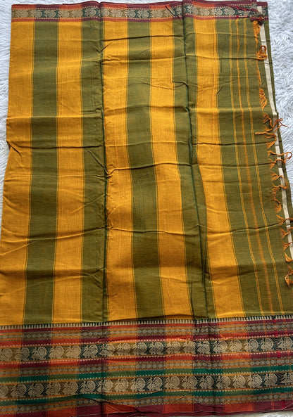 Narayanpet Cotton Saree Olive Green Colored Complemented with a Thread Border. - Sampradaya Designer Studio