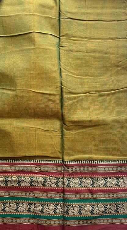 Narayanpet Cotton Saree Olive Green Colored Complemented with a Thread Border. - Sampradaya Designer Studio