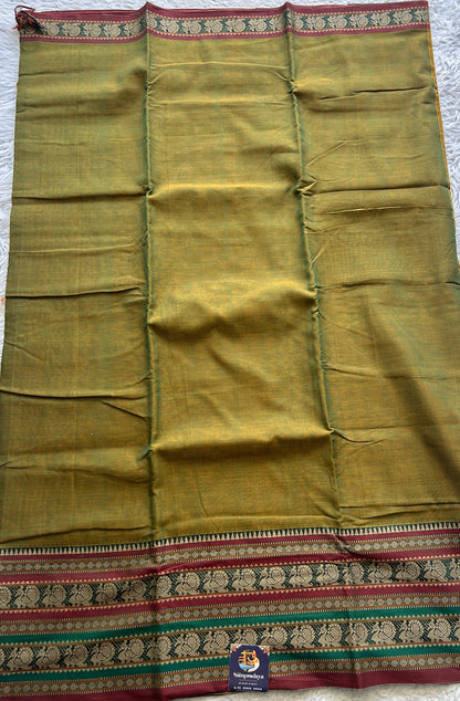 Narayanpet Cotton Saree Olive Green Colored Complemented with a Thread Border. - Sampradaya Designer Studio