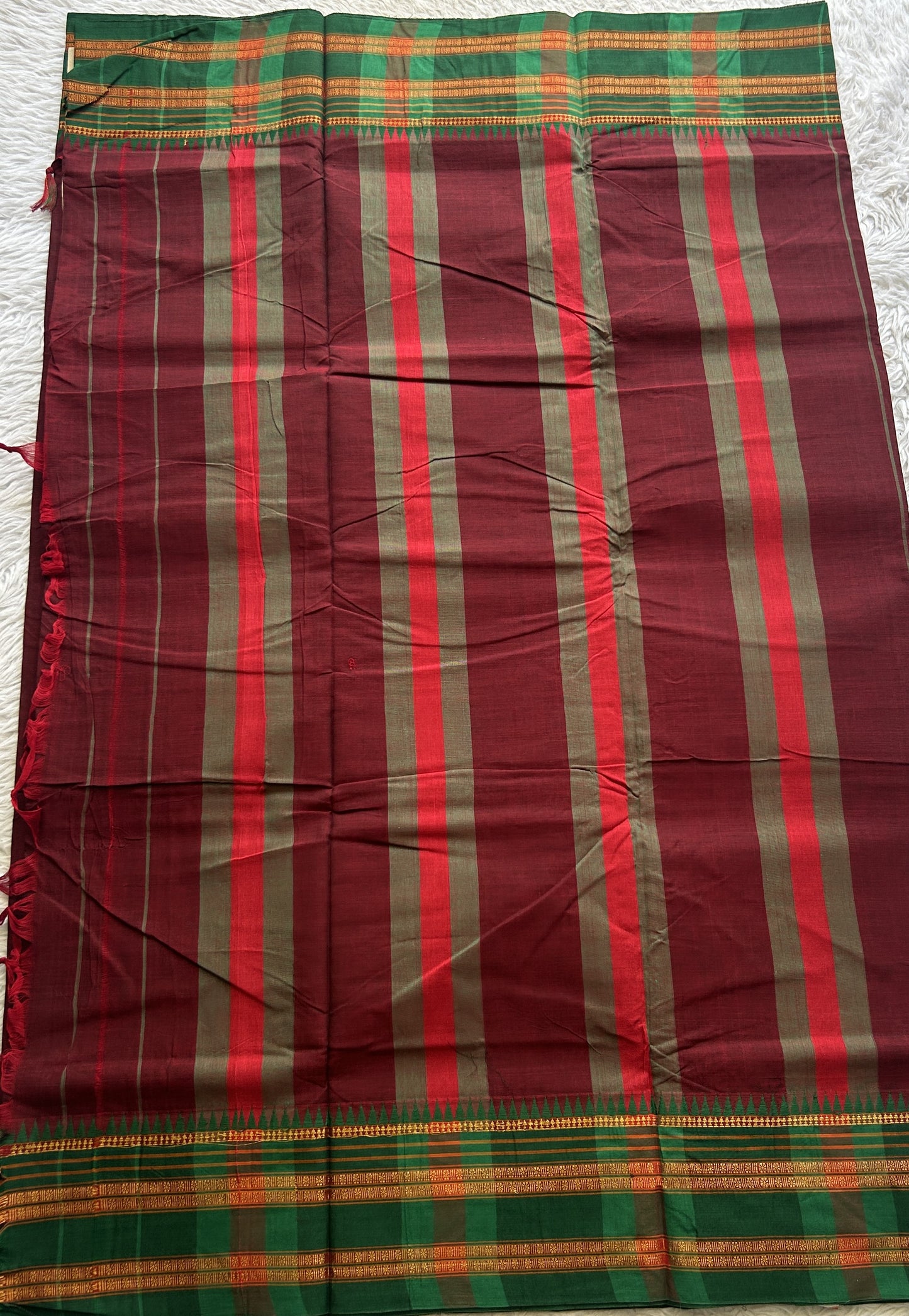 Narayanpet Cotton Saree Dark Maroon Colored Complemented with a Green Zari Gap Border. - Sampradaya Designer Studio