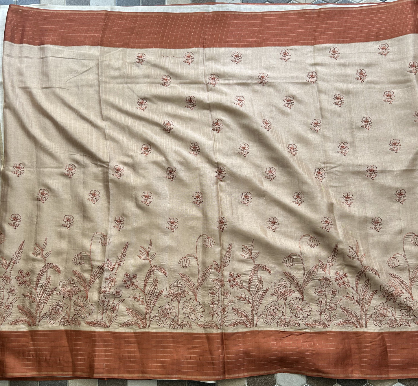 Semi Tussar Silk Saree - Beige color with Gold Zari Border - Elegant Fancy Saree for Party & Office Wear.