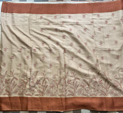 Semi Tussar Silk Saree - Beige color with Gold Zari Border - Elegant Fancy Saree for Party & Office Wear.